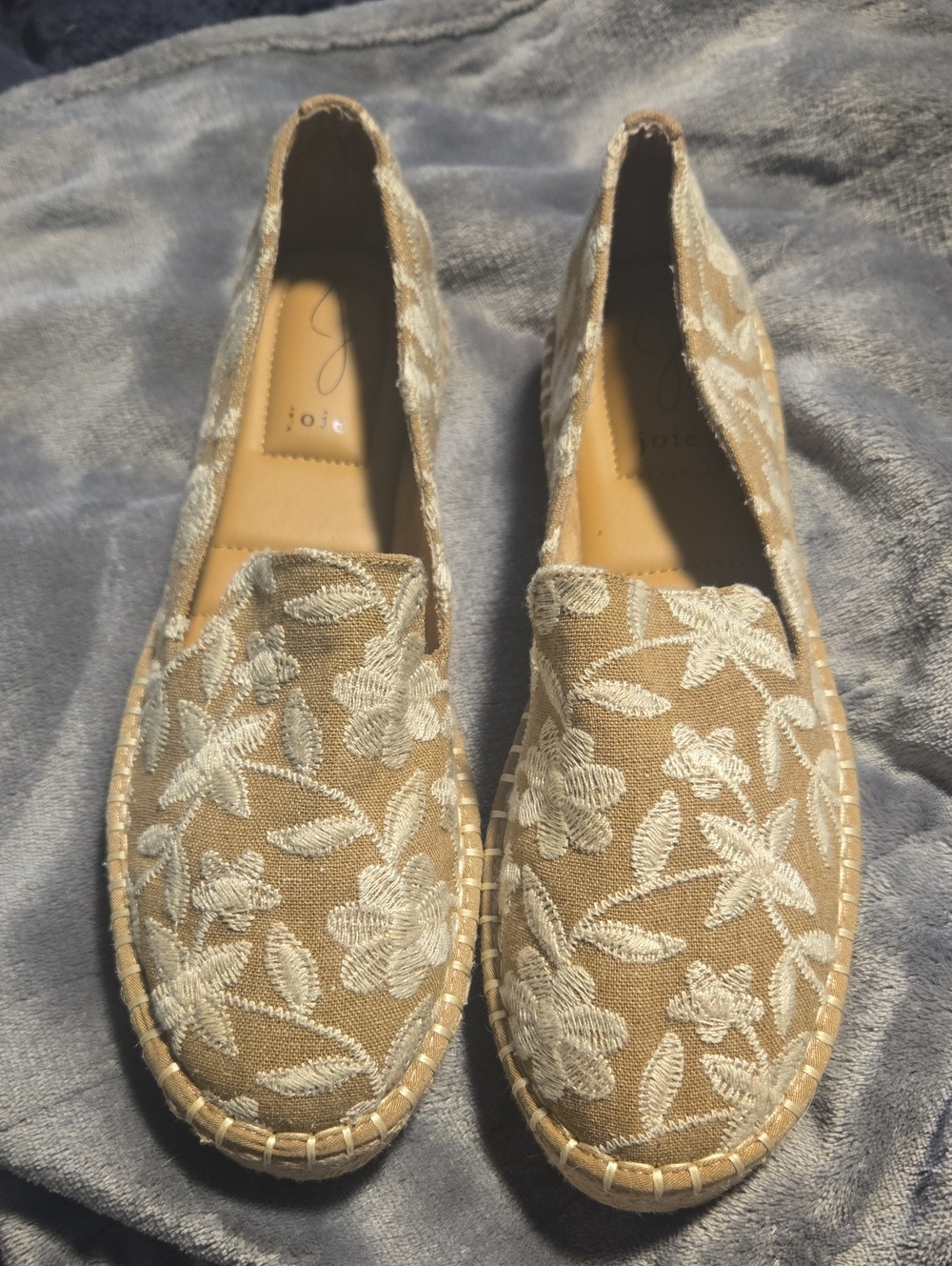 JOIE-"Cara"Boho Tan Cream Espadrilles Floral Embroidery Low Platform-Size 8 - Picture 3 of 13